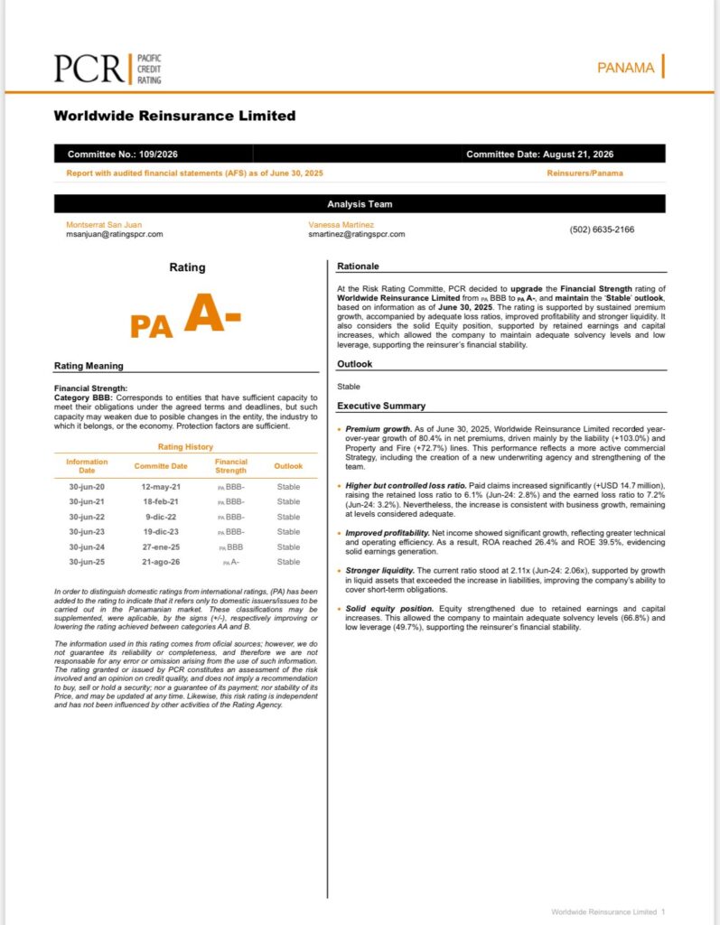 PCR rating report page showing the PA A- rating