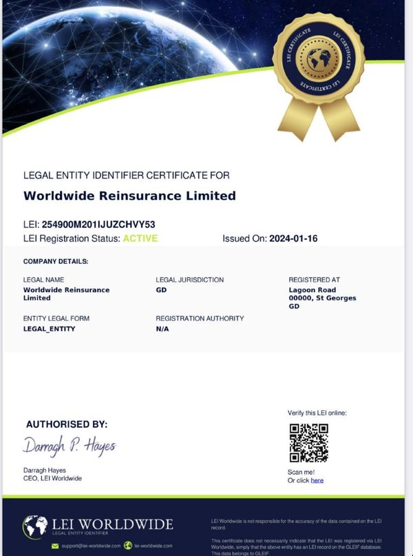 Legal Entity Identifier certificate for Worldwide Reinsurance Limited